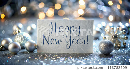 Happy New Year Card with Shimmering Silver Accents Happy New Year Card with Shimmering Silver Accents 118782509