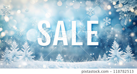 Blue Background with Snowflakes and Trees. White word Sale 118782513