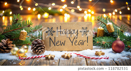 Happy New Year Card with Gold and Pine Cones, Stars. Blurred Background 118782531