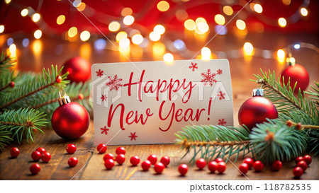 Festive Happy New Year Card with Red Ornaments and Lights on the Background. Bokeh. Fir branches. 118782535