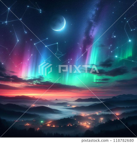 Fantasy landscape with aurora borealis and stars. 3D rendering Fantasy landscape with aurora borealis and stars. 3D rendering 118782680