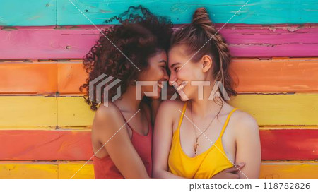 LGBTQ - Two joyful young women, one with curly hair and one with a ponytail, embrace each other and smile widely against a colorful graffiti wall 118782826