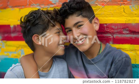 LGBTQ - Two teenage boys with curly hair are smiling and hugging in front of a colorful graffiti wall, one wearing a gray shirt and the other a patterned blue shirt 118782827