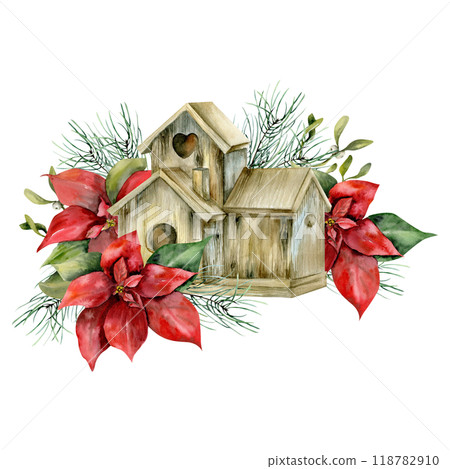 Christmas red flower poinsettia with fir and omela branches decor bird wooden house. Hand drawn new year clipart for poster, party, winter decoration. Web and blog design Christmas red flower poinsettia with fir and omela branches decor bird wooden house. Hand drawn new year clipart for poster, party, winter decoration. Web and blog design 118782910