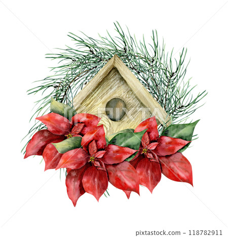 Christmas hand drawn illustration with red poinsettia flower, wooden bird house and fir branches. Hand drawn clip art for winter season decor, paper, scrapbooking, card, gift design 118782911