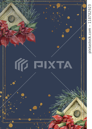 New tear and holy Christmas greeting card template with bird wooden house with red Christmas flower poinsettia and fir branches on dark background. Hand drawn isolated winter seasonal clipart New tear and holy Christmas greeting card template with bird wooden house with red Christmas flower poinsettia and fir branches on dark background. Hand drawn isolated winter seasonal clipart 118782923