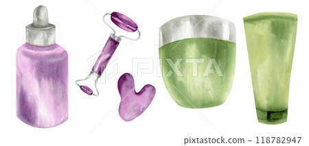 Beauty skin care cream tube, serum bottle, gua sha jade stone, hand cream watercolor clip art. Hand drawn body and face treatment collection for cosmetics packing, label, logo design 118782947