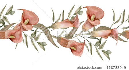Red calla lily flowers with green eucalyptus watercolor seamless banner. Hand drawn floral border, romantic tropical flowers for wedding invitation, celebration, product packing design 118782949