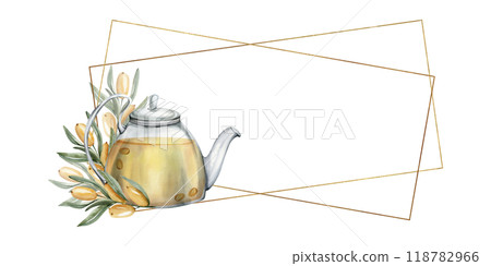 Sea buckthorn berries with glass transparent tea pot with orange liquid frame.Watercolor hand drawn banner.drink illustration with golden frames for product packing, menu, restaurant design. Beverage Sea buckthorn berries with glass transparent tea pot with orange liquid frame.Watercolor hand drawn banner.drink illustration with golden frames for product packing, menu, restaurant design. Beverage 118782966