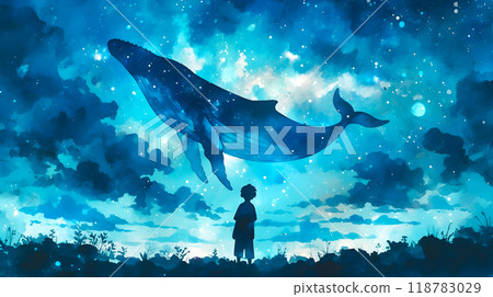 一個男孩看著漂浮在夢幻星空中的鯨魚的剪影的插圖 一個男孩看著漂浮在夢幻星空中的鯨魚的剪影的插圖 118783029