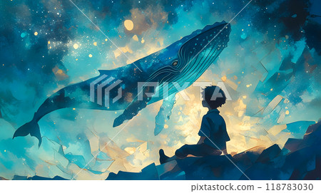 一個男孩看著漂浮在夢幻星空中的鯨魚的剪影的插圖 一個男孩看著漂浮在夢幻星空中的鯨魚的剪影的插圖 118783030