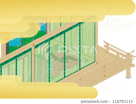 An illustration depicting a couple rendezvous, with a woman in a Heian-period uchiki and a man in a kagirinu costume 118783113