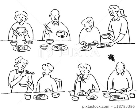 Nursing care and welfare job set (meals, meal assistance, rice), line drawing 118783386
