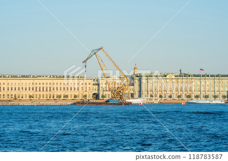 waterscape of the Neva river in St. Petersburg overlooking the Palace Embankment 118783587