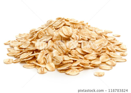 Heap of oat flakes isolated on white background. Healthy breakfast 118783824
