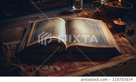 Vintage book and candles on wooden table in dark room with flowers. 118783834