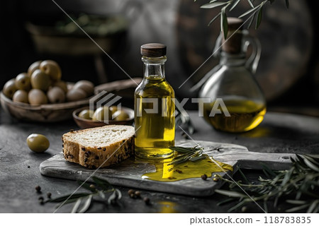 Olive oil in a glass bottle with bread and olives. 118783835