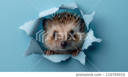 Cute hedgehog peeks through the hole in the paper wall. 118784010