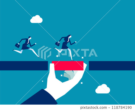 Connect the bridge to help and support team to success. Giant manager hand help connect missing piece as the bridge for team members to cross the gap. Solution or assistance concept 118784190