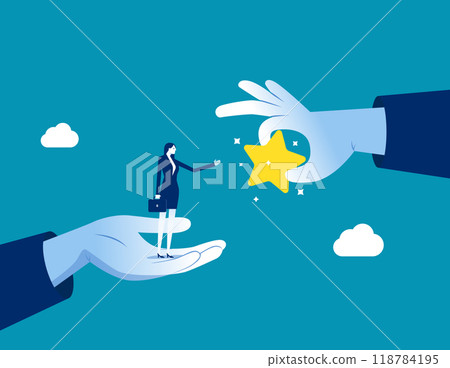 Winning confidence businessman standing on big hand getting star reward. encourage and motivate best performance, cheering or honor on success or achievement. Employee success recognition concept 118784195