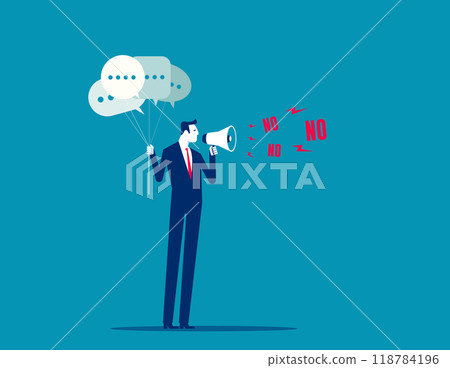 Confident businesswoman speak or scream loud on megaphone with words NO. Refuse to do wrong things. Learn to say no, leadership skill to manage workload. Time management concept 118784196