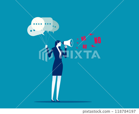 Confident businesswoman speak or scream loud on megaphone with words NO. Refuse to do wrong things. Learn to say no, leadership skill to manage workload. Time management concept 118784197