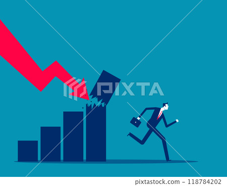 Money loss. Fear businessman or investor with money run away from collapsing graph. Economic recession from high inflation, stock market crash, investment risk or price. Crisis or depression concept Money loss. Fear businessman or investor with money run away from collapsing graph. Economic recession from high inflation, stock market crash, investment risk or price. Crisis or depression concept 118784202