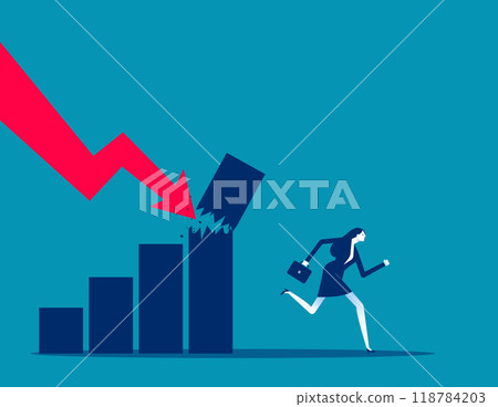 Money loss. Fear businessman or investor with money run away from collapsing graph. Economic recession from high inflation, stock market crash, investment risk or price. Crisis or depression concept 118784203