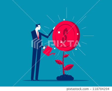 Businessman investor finish watering growing money plant seedling with coin flower. Increase earning profit and capital gain, success in wealth management. Financial or investment growth concept Businessman investor finish watering growing money plant seedling with coin flower. Increase earning profit and capital gain, success in wealth management. Financial or investment growth concept 118784204