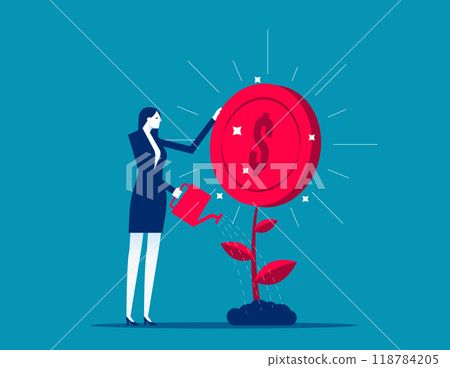 Businesswoman investor finish watering growing money plant seedling with coin flower. Increase earning profit and capital gain, success in wealth management. Financial or investment growth concept 118784205