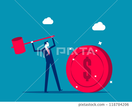 Global economic money problem. Businessman uses sledgehammer and brakes dollar coin. Bankruptcy unpaid loan debt, investment failure. Business flat vector illustration. Financial crisis concept Global economic money problem. Businessman uses sledgehammer and brakes dollar coin. Bankruptcy unpaid loan debt, investment failure. Business flat vector illustration. Financial crisis concept 118784206