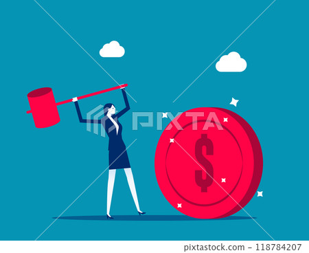 Global economic money problem. Businessman uses sledgehammer and brakes dollar coin. Bankruptcy unpaid loan debt, investment failure. Business flat vector illustration. Financial crisis concept 118784207