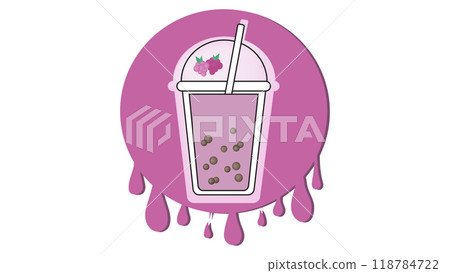 Milk bubble tea logo with raspberry flavor on background of splashes, sweet cold drink with tapioca pearl balls, Asian street food from Taiwan, boba beverage in colorful cup with floating balls 118784722