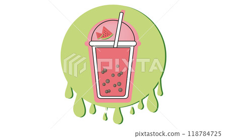 Milk bubble tea logo with watermelon flavor on background of splashes, sweet cold drink with tapioca pearl balls, Asian street food from Taiwan, boba beverage in cup with floating balls Milk bubble tea logo with watermelon flavor on background of splashes, sweet cold drink with tapioca pearl balls, Asian street food from Taiwan, boba beverage in cup with floating balls 118784725