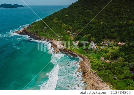 Coastline with mountains and blue ocean with waves in Brasil. Aerial view 118784803