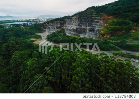 Quarry with granite stone and mountain inFlorianopolis. Aerial view Quarry with granite stone and mountain inFlorianopolis. Aerial view 118784808