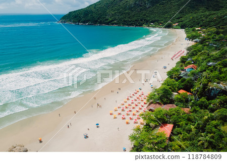 Matadeiro beach with umbrellas and ocean with surfing waves. Aerial view of holiday beach 118784809