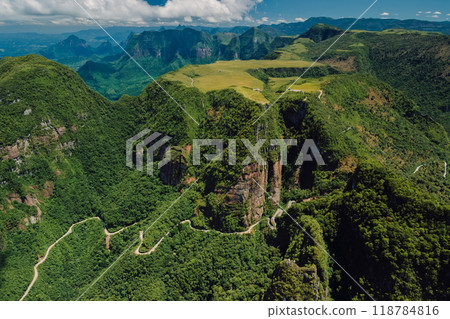 Serpentine road in Espraiado canyons in Santa Catarina, Brazil. Aerial view of landscape 118784816