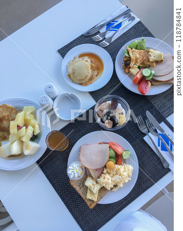 Breakfast at the hotel high angle view 118784841
