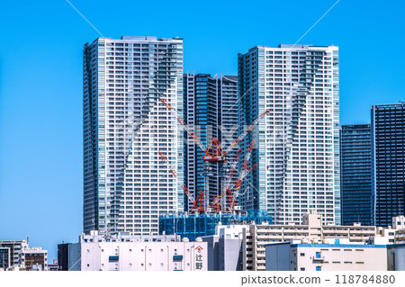 Tokyo cityscape in Japan - View of tower apartments in Harumi, Tokyo Tokyo cityscape in Japan - View of tower apartments in Harumi, Tokyo 118784880