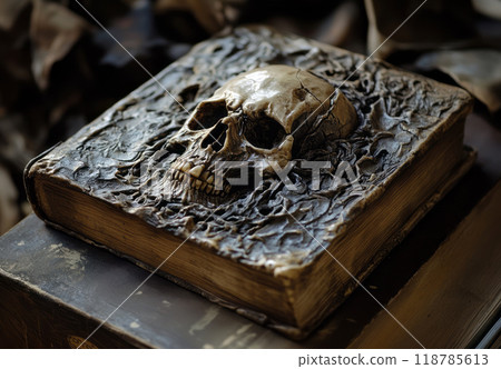 An evil old book of death with a skull on the leather cover. Accessory for Halloween celebration 118785613