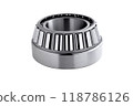 roller cone-shaped bearing on a white background, spare part for cars and mechanisms, close-up selective focus 118786126