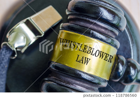 Whistleblower Law text engraved on Lawyer Gavel. Whistleblowing concept. 118786560