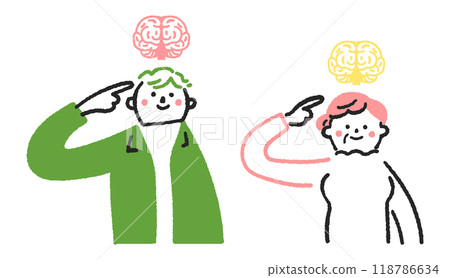 一群年輕男性和老年女性指著自己的大腦的庫存插圖素材 118786634