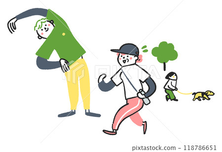 Man and senior woman exercising in the park stock illustration 118786651