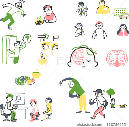 A set of stock illustrations about prevention, symptoms, treatment and care of mild dementia 118786655