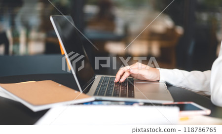 Young adult student hand women typing laptop keyboard for study and work online 118786765