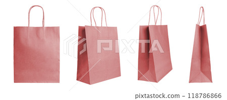 Set of different angles red shopping bag made from recycled paper isolated on white background 118786866