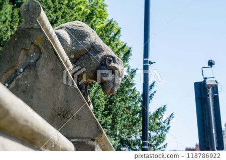 A stone sculpture of a raccoon on the wall of Cardiff Castle in Cardiff, the capital of Wales. A stone sculpture of a raccoon on the wall of Cardiff Castle in Cardiff, the capital of Wales. 118786922