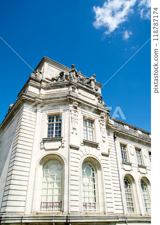 Cardiff Crown Court, a historic stone building under a clear blue sky, in Cardiff, the capital of Wales 118787174